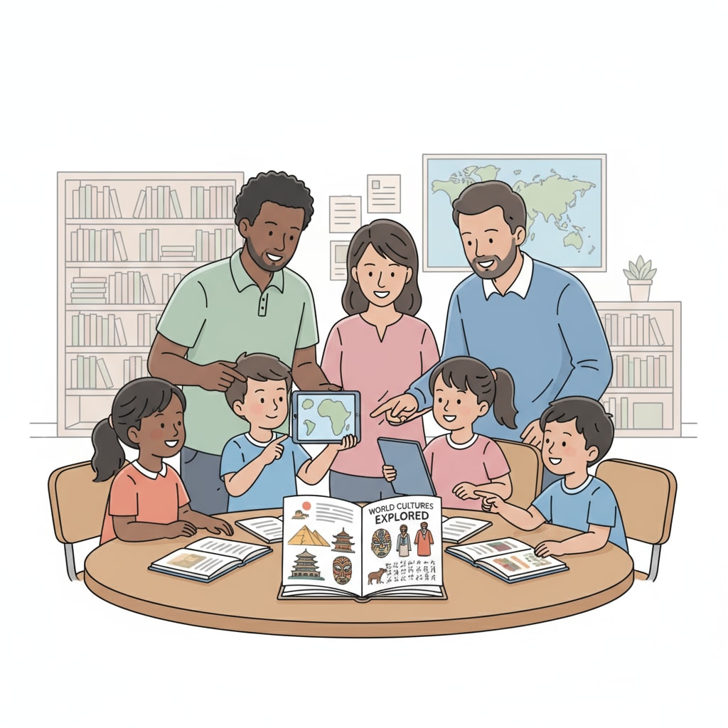 A diverse group of non - white parents and students are gathered around a table, looking at educational materials that seem to represent different cultures. Non - white parents and students engaged with educational materials related to curriculum and cultural representation