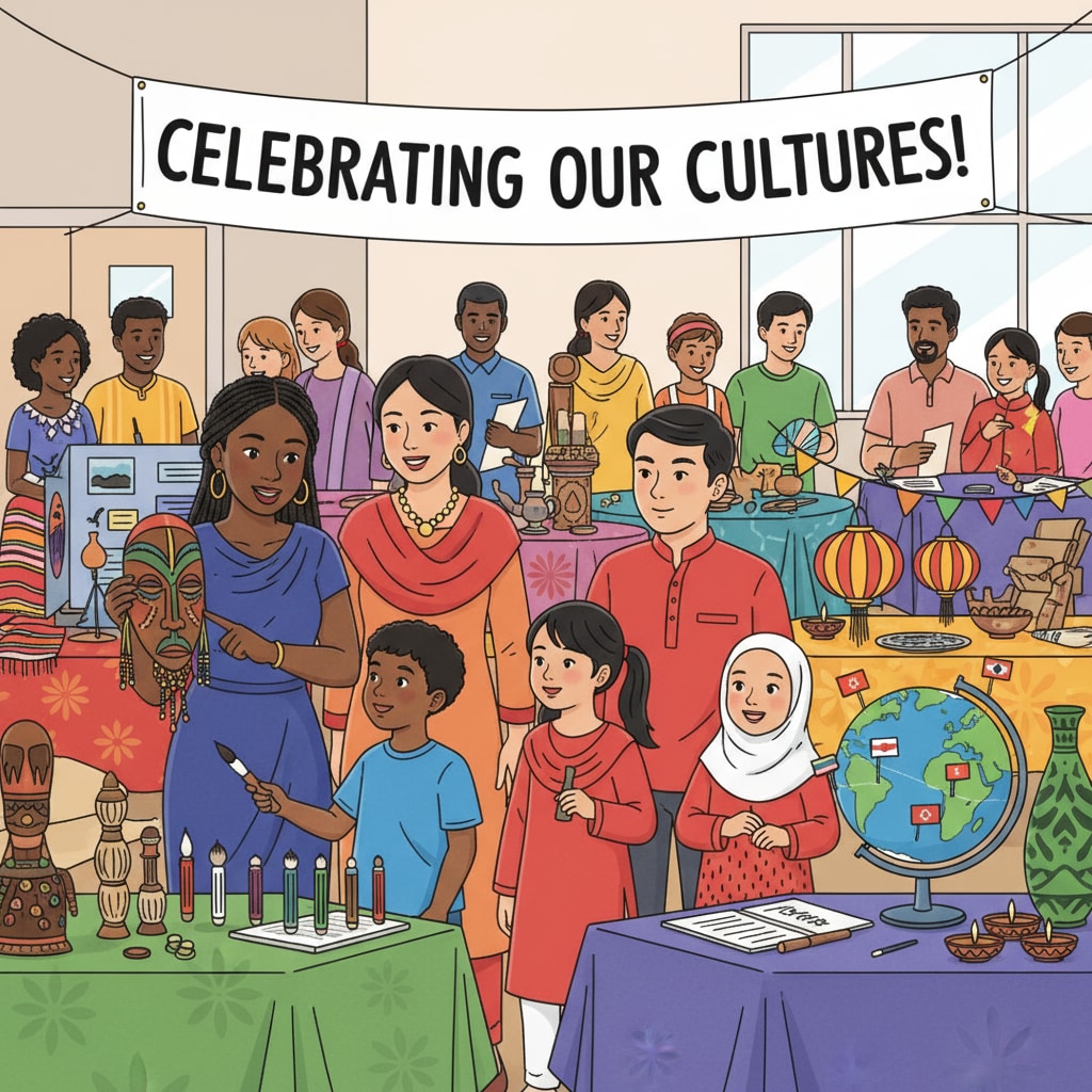 Students and non - white parents are actively participating in a multicultural educational event. There are colorful displays of different cultural artifacts. Non - white parents and students participating in a multicultural event related to educational engagement and curriculum