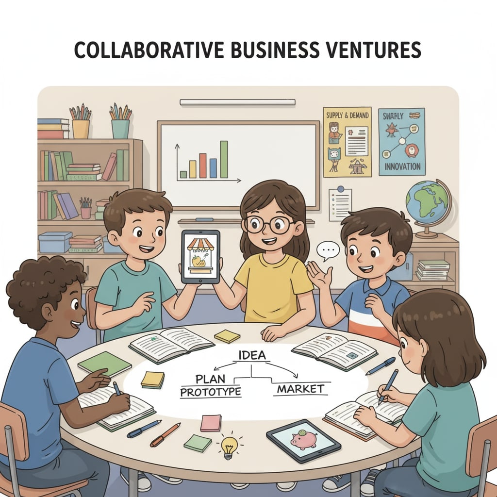 A group of K-12 students are collaborating on a business project, with some discussing ideas and others making notes. K-12 students engaged in practical learning for entrepreneurial spirit development