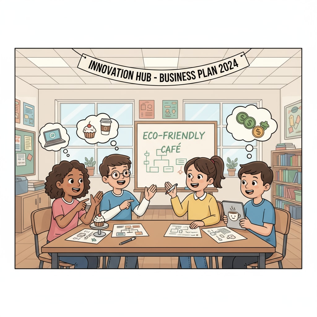 Students are gathered around a table, brainstorming and planning for a school-based business idea, with enthusiasm on their faces. K-12 students involved in hands-on entrepreneurial learning