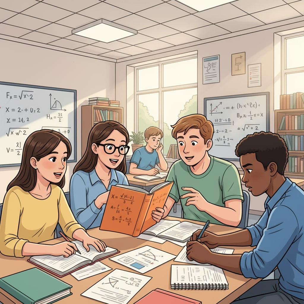 A group of high school students are engaged in a lively discussion about calculus problems in a classroom setting, with textbooks and notebooks on their desks. High school students discussing calculus in a classroom related to parental expectations