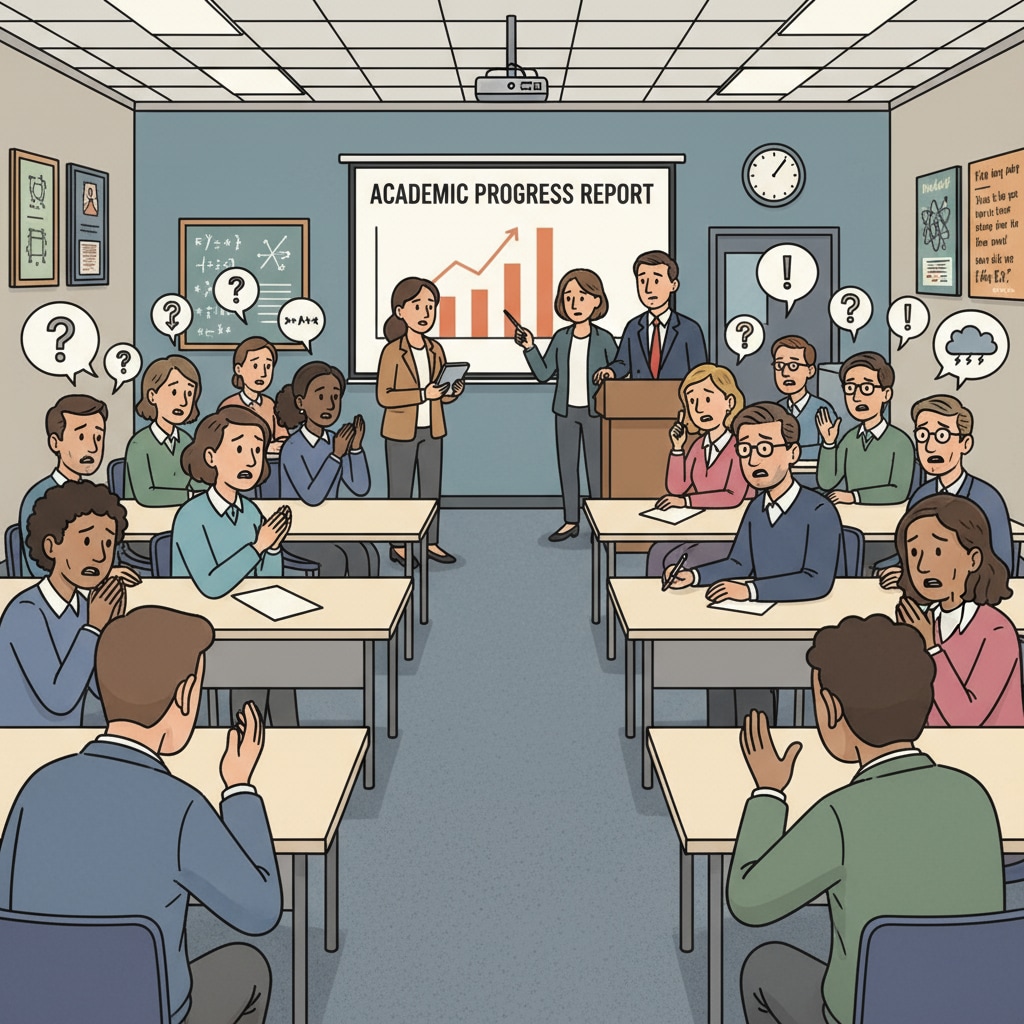 Parents are sitting in a high school meeting room, looking worried and concerned as they listen to educational information. Concerned parents at a high school academic meeting regarding calculus and student education