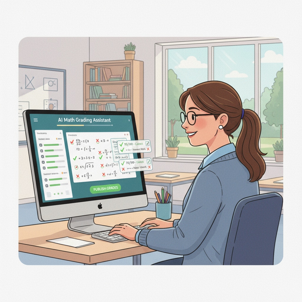 An illustration depicts a teacher sitting in front of a computer, using an AI math grading software. The software interface shows math assignments being graded automatically. An illustration of a teacher using an AI math grading tool to save time and reduce workload.