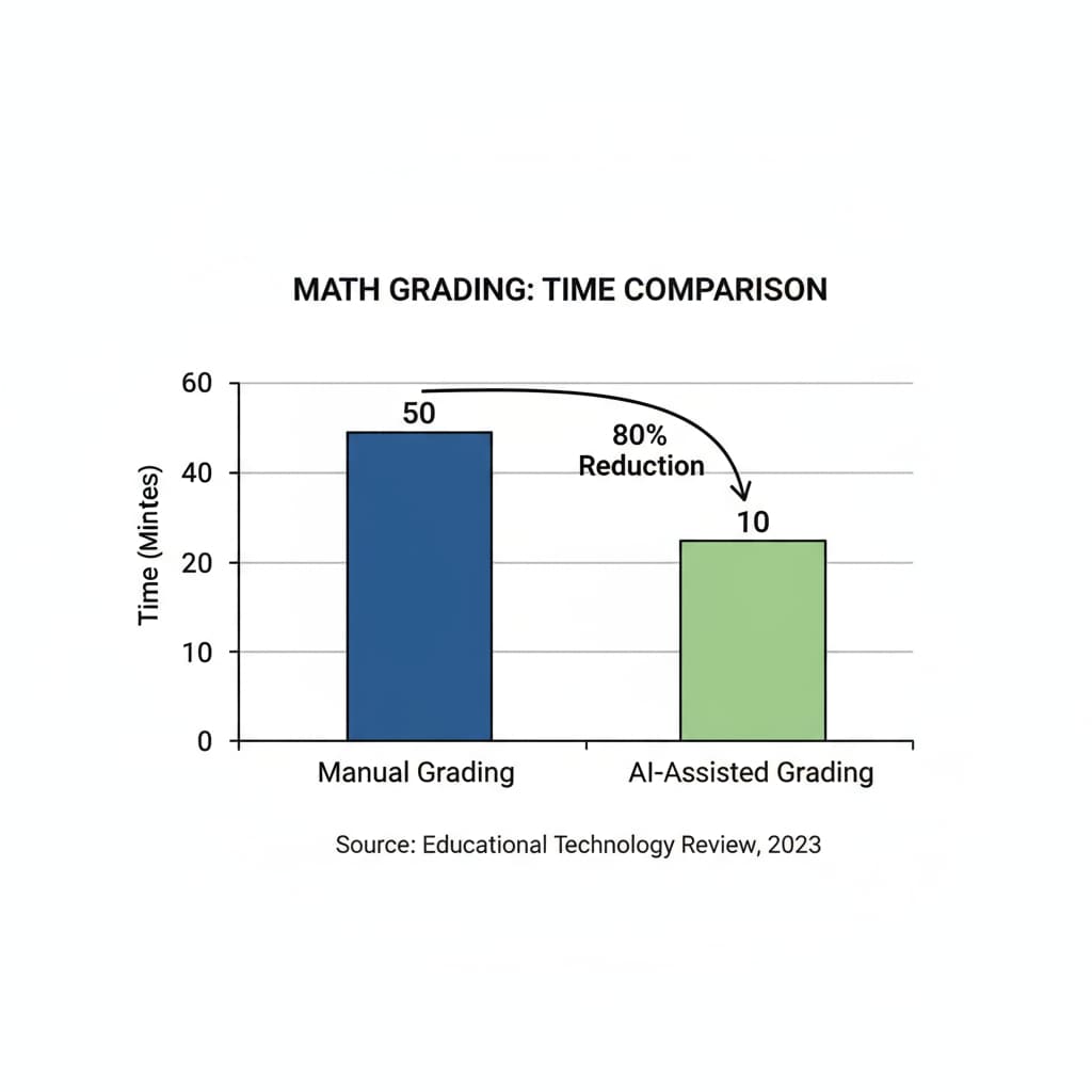 A bar graph compares the time taken for manual math grading and grading with AI tools. The bars clearly show a significant reduction in time with AI grading. A graph showing the time saving achieved by using AI math grading tools compared to manual grading.