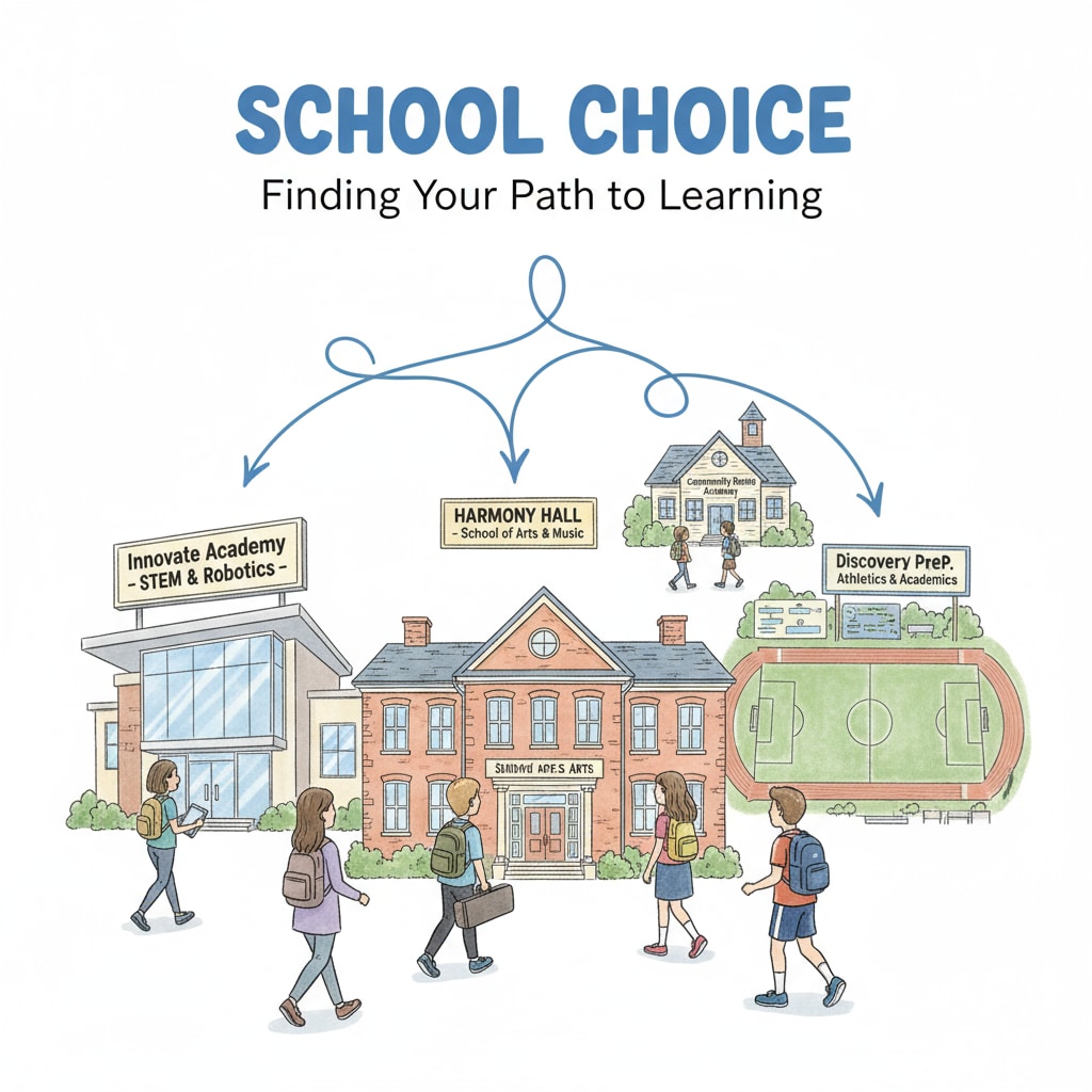 A group of students walking into different schools, representing the concept of school choice. Students walking into different schools, related to school choice, conservative views, and education policy.