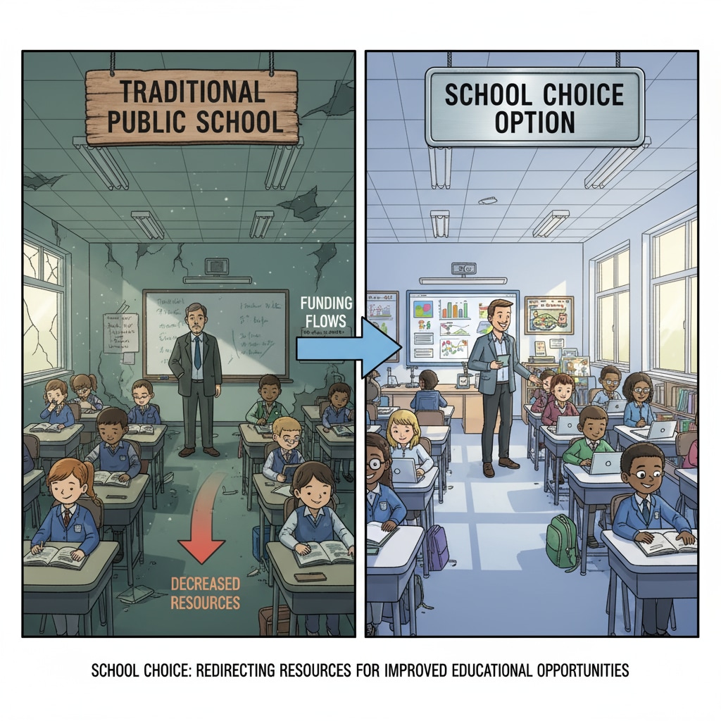 A classroom in a traditional public school, highlighting the potential impact of school choice on public education. Classroom in a traditional public school, related to school choice, conservative views, and education policy.