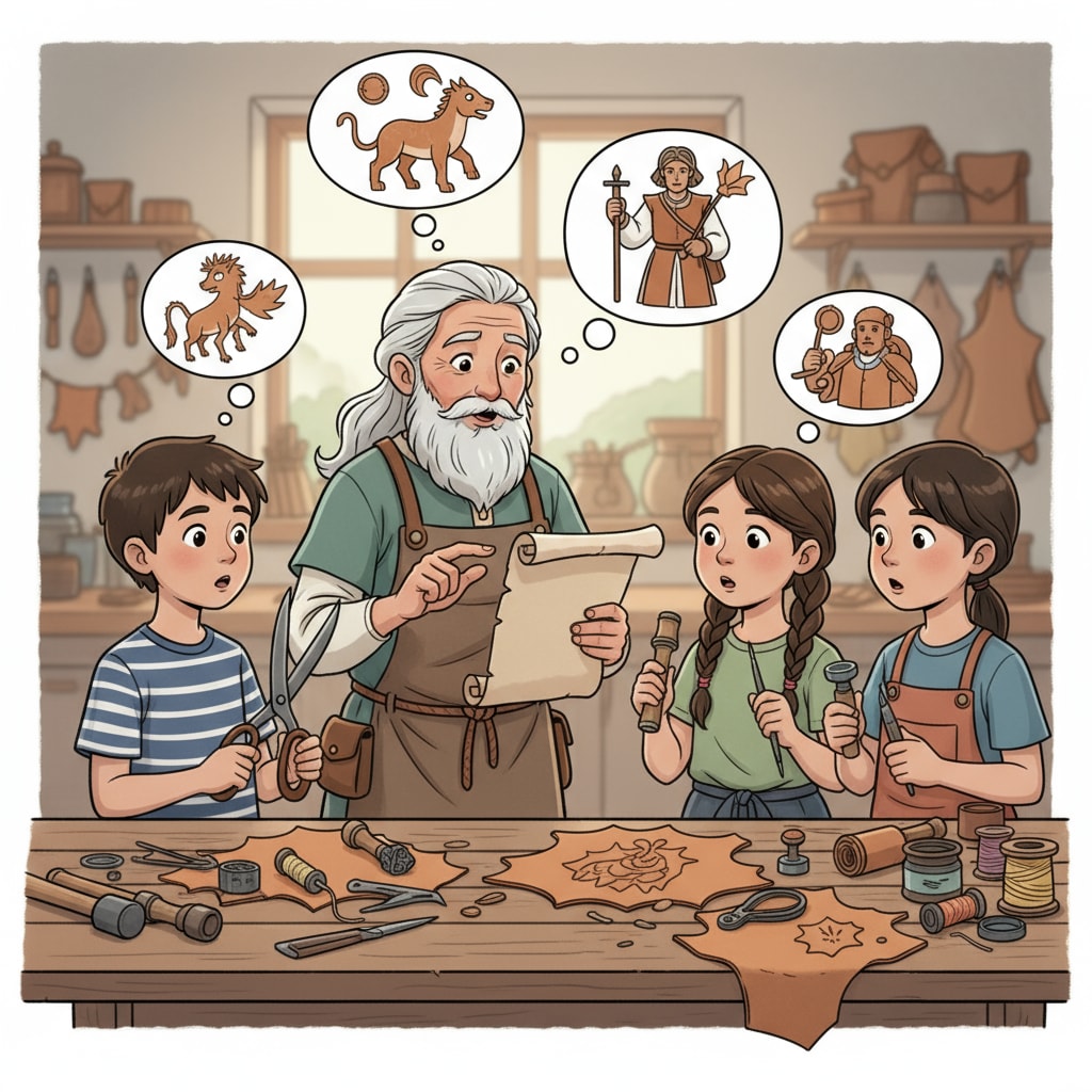 A group of children are sitting around a table, listening intently to a storyteller while holding leather crafting tools such as scissors and awls, showing their eagerness to start a leather project inspired by the tale. Children listening to a fairy tale and preparing for leather education activities