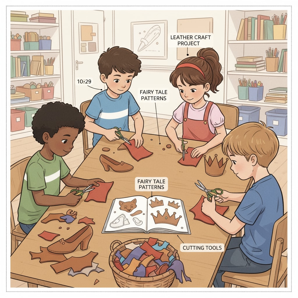 Children are gathered around a table, carefully cutting leather pieces according to a pattern that is clearly inspired by a popular fairy tale, like a shape that resembles a character's item from the story. Children engaged in leather cutting activity with fairy tale-inspired patterns