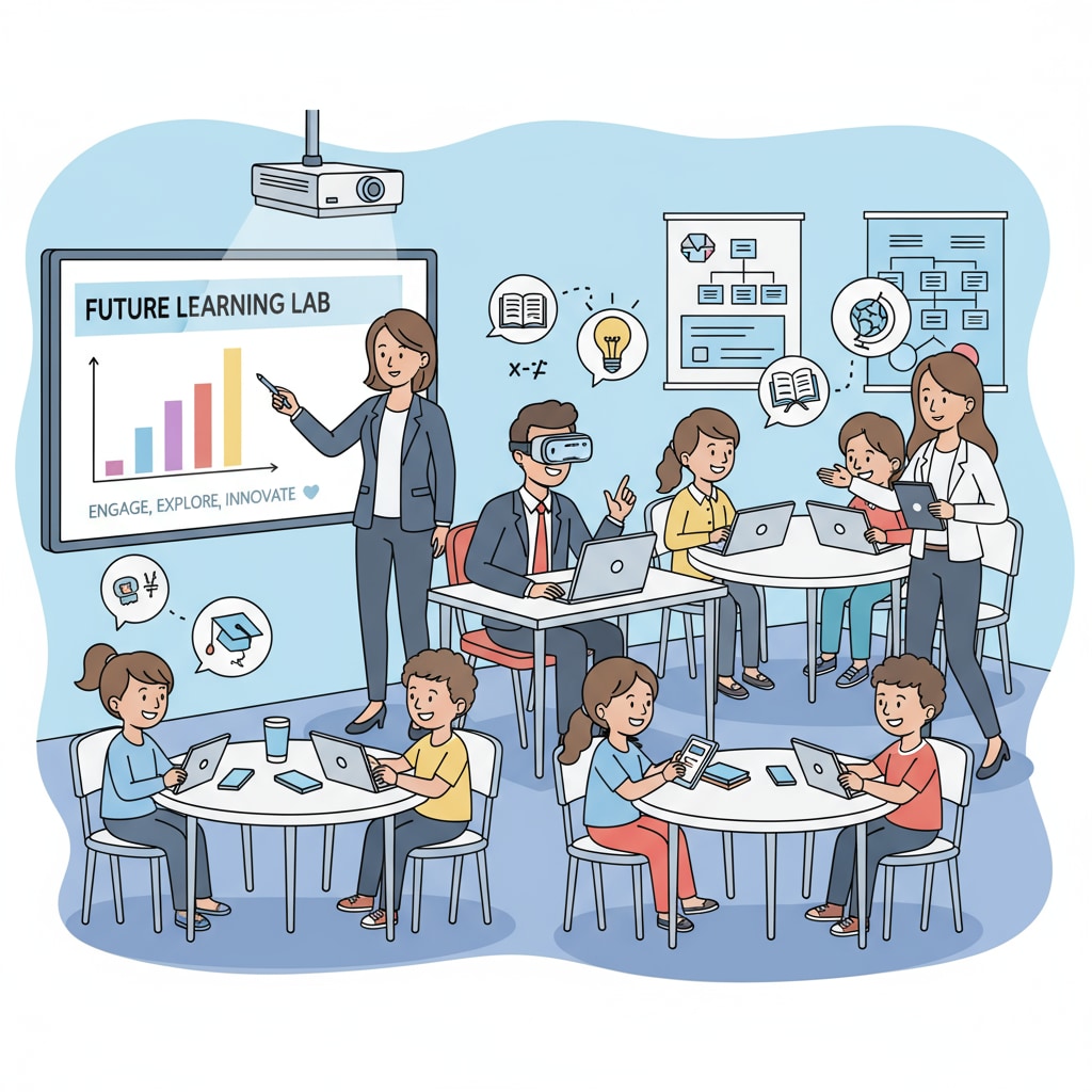 A classroom scene shows teachers using educational technology tools like laptops and projectors to enhance their teaching. Teachers using educational technology tools to ease workload and improve teaching experience