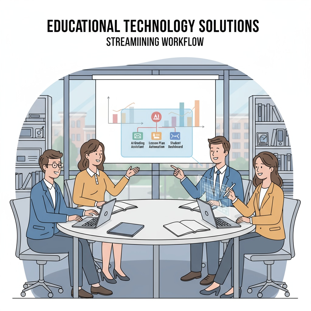 Teachers are sitting around a table, discussing and collaborating on educational technology solutions to address their workload issues. Teachers collaborating on educational technology solutions for better teaching experience
