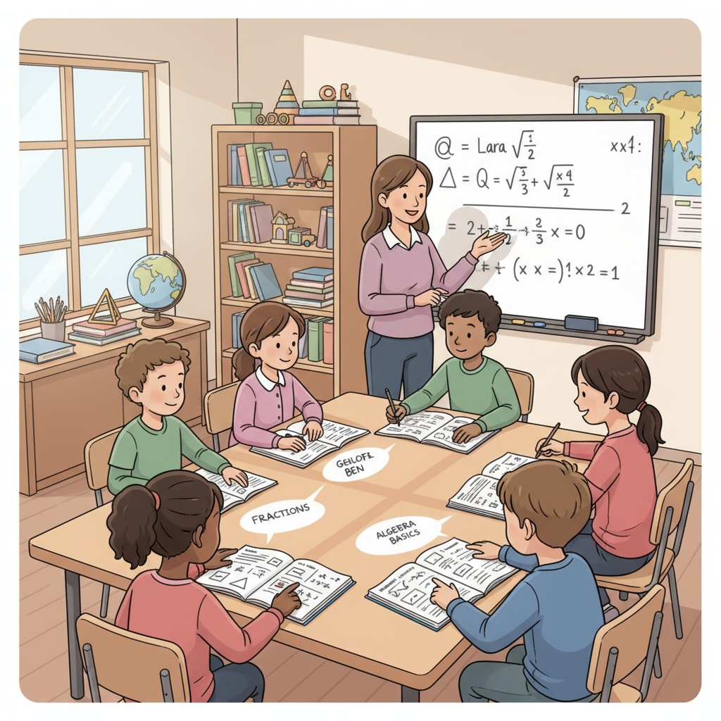A group of 9-year-old children sitting around a table, looking at math workbooks. They seem engaged in learning math together. Children with learning difficulties exploring math workbooks