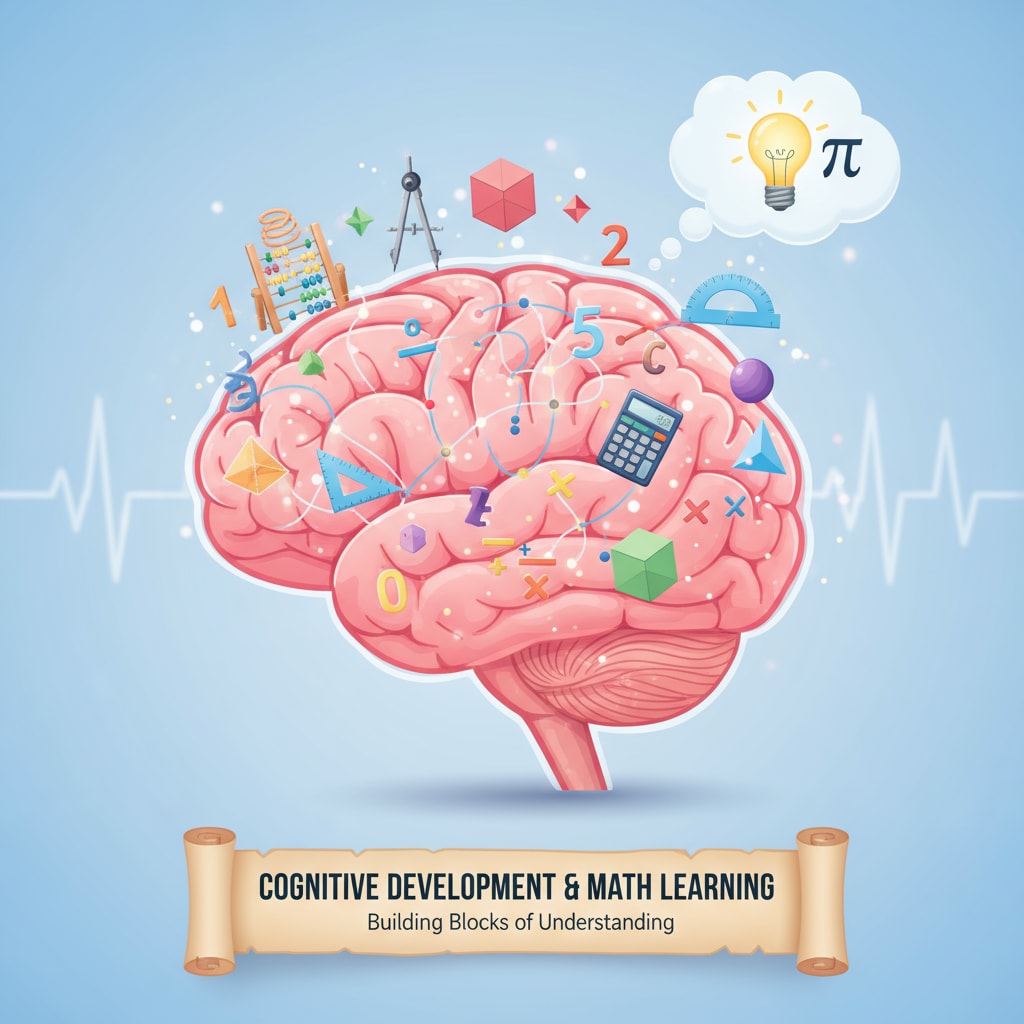 Illustration of a child's brain with math concepts floating around, showing the process of cognitive development related to math learning. Cognitive development in children related to math learning
