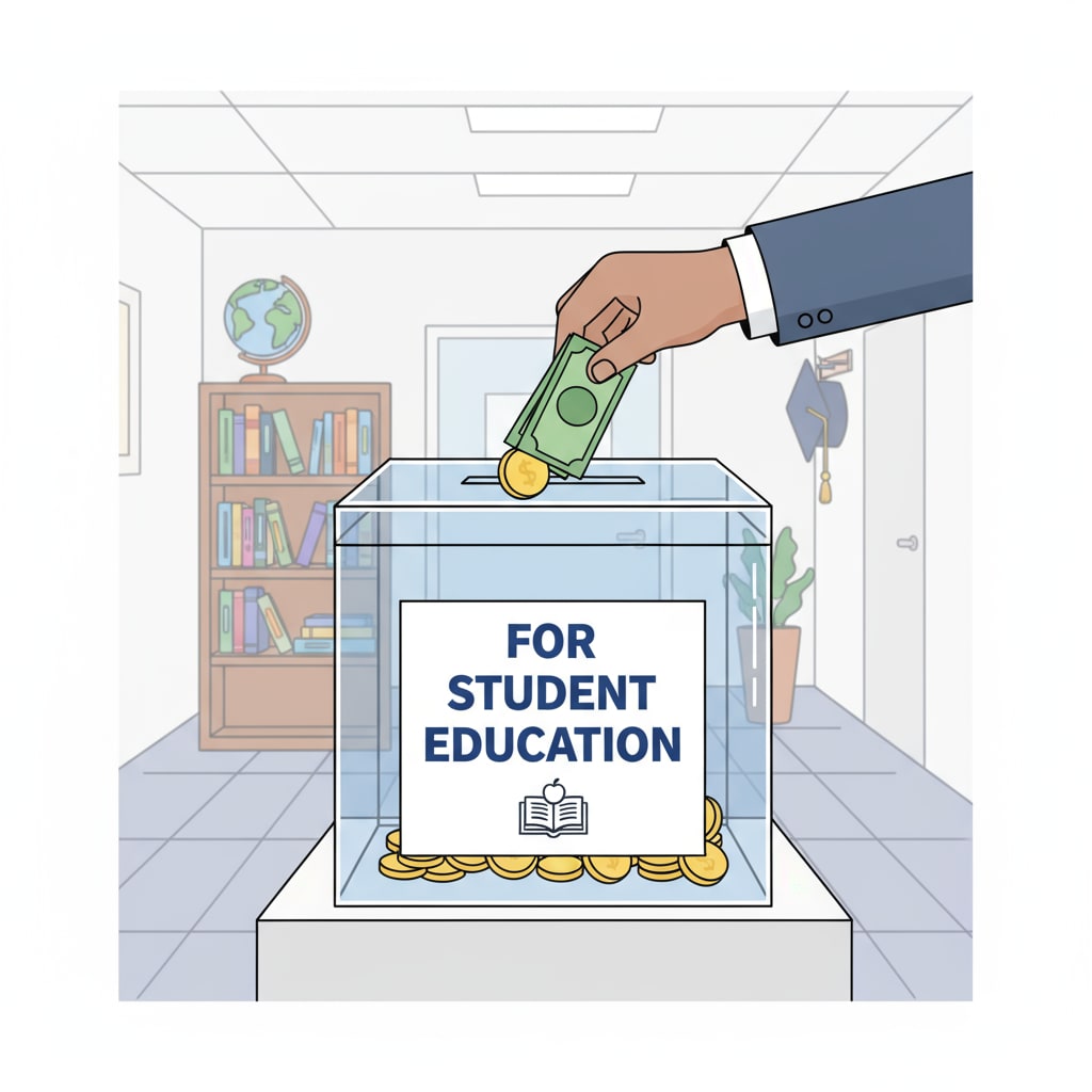 A person dropping money into a donation box labeled 'For Student Education', symbolizing the act of donating for educational purposes Person donating money for students' tuition fees to overcome financial hardship