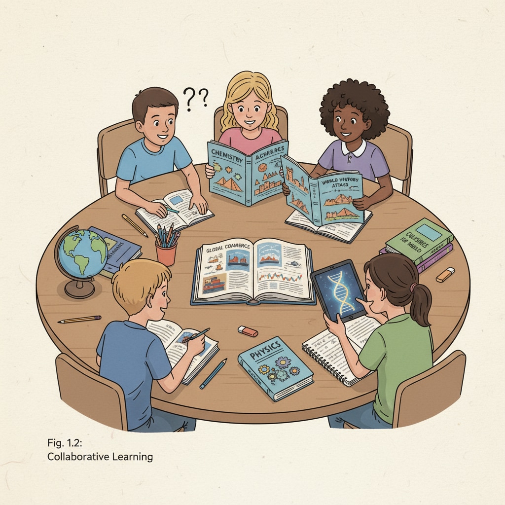 A group of K12 students are sitting around a table, each with books related to different subjects such as world trade, history, and science, engaged in collaborative study. K12 students exploring multidisciplinary knowledge in a group setting