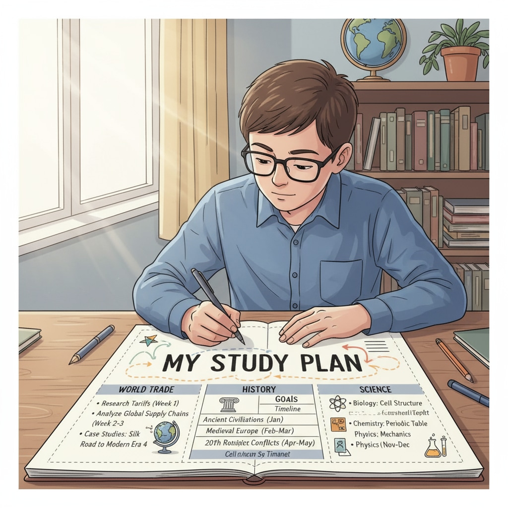 A student is sitting at a desk, writing down a study plan on a piece of paper. The paper has different subject areas like world trade, history, and science marked with goals and timelines. A K12 student creating a personalized learning plan for multidisciplinary study