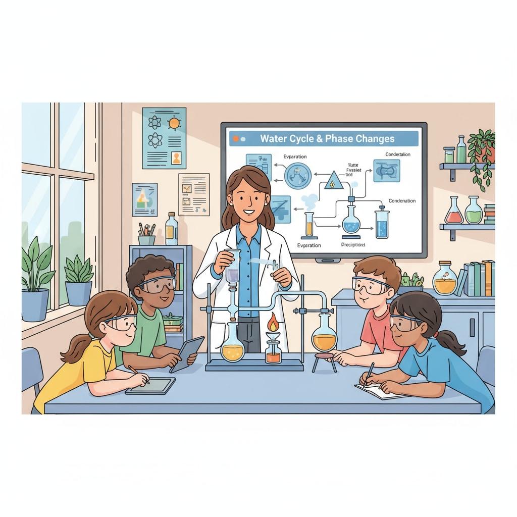 A classroom scene where a teacher is using hands-on activities to teach theoretical concepts. The teacher is demonstrating an experiment related to a scientific theory, and students are observing attentively. Classroom scene with hands-on activities for teaching theoretical concepts for students with attention deficits