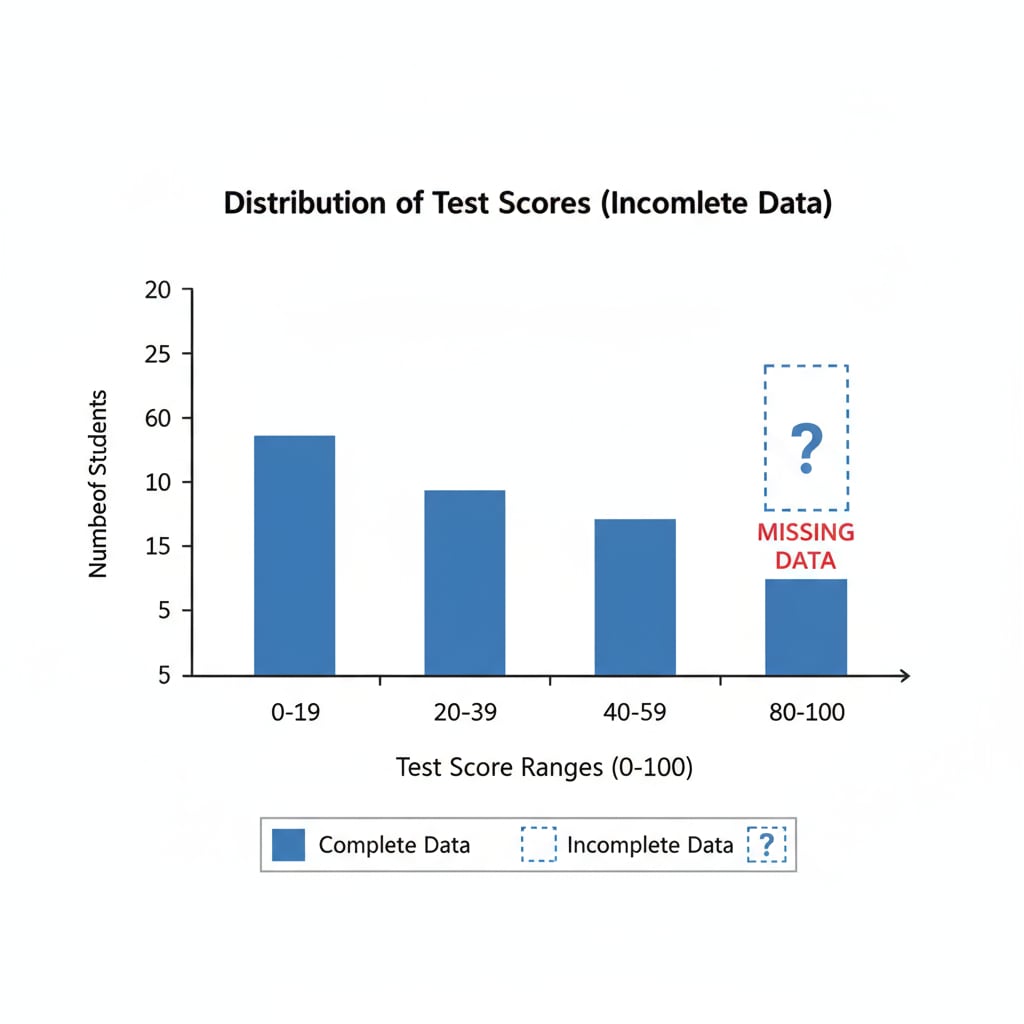 A graph depicts the distribution of test scores with some data points missing, representing incomplete data. Graph showing incomplete test score data with outliers