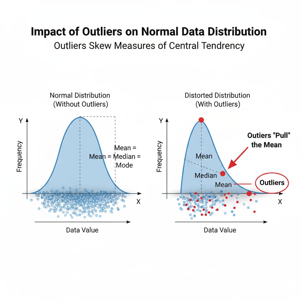 A diagram shows how outliers can distort the normal distribution of data, emphasizing their impact on analysis. Diagram highlighting the effect of outliers on data distribution