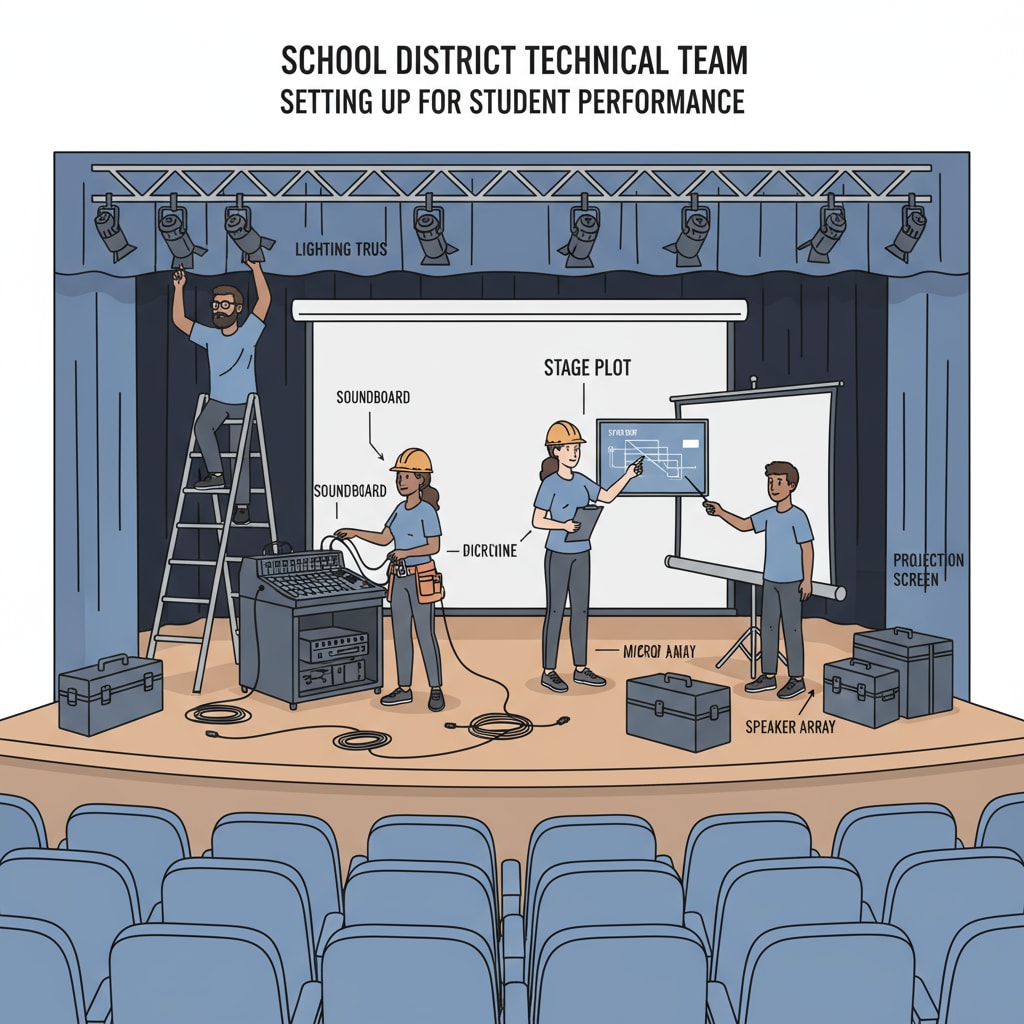 A group of school district technical team members setting up stage equipment for a student performance. School district technical team setting up for a student performance in support of arts education.