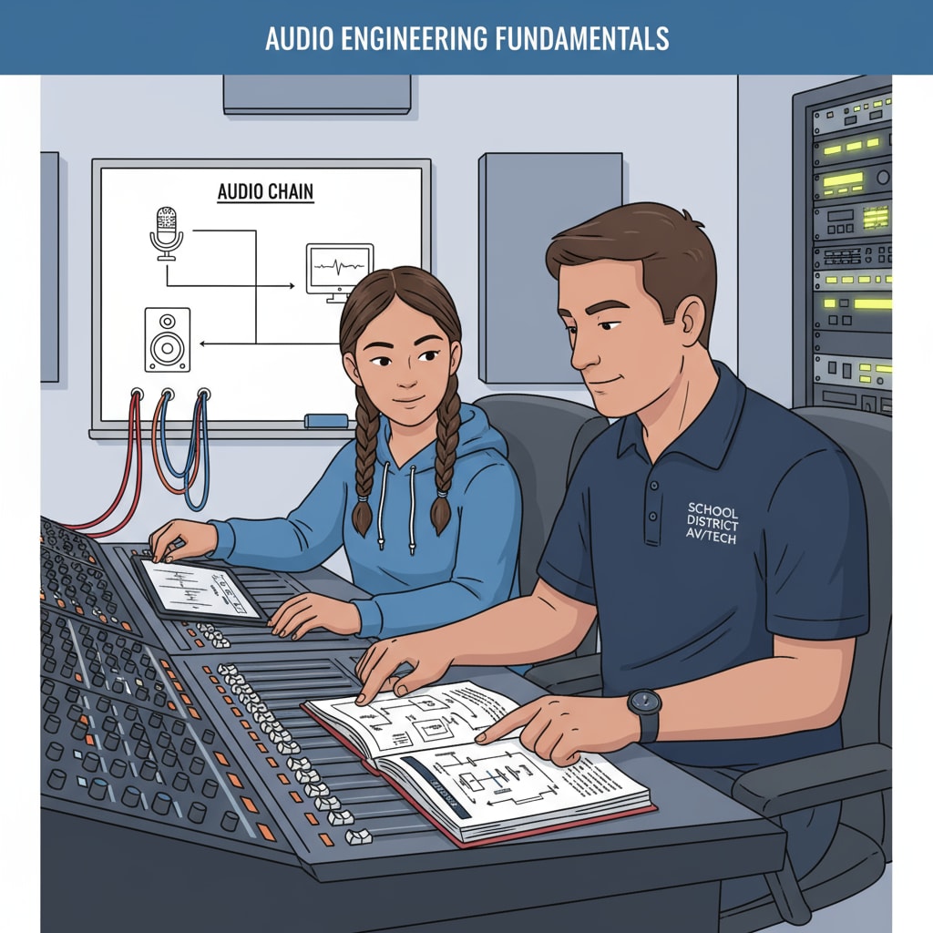 A student learning audio engineering from a school district technical team member. Student receiving vocational training in audio engineering from school district technical team for arts education support.