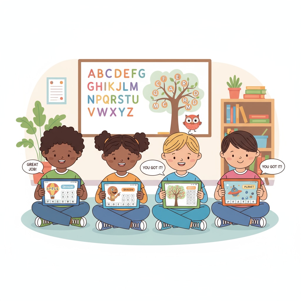 A group of children are gathered around tablets, using educational apps to learn spelling. The apps have colorful interfaces and interactive elements. Children using educational apps for ADHD spelling learning