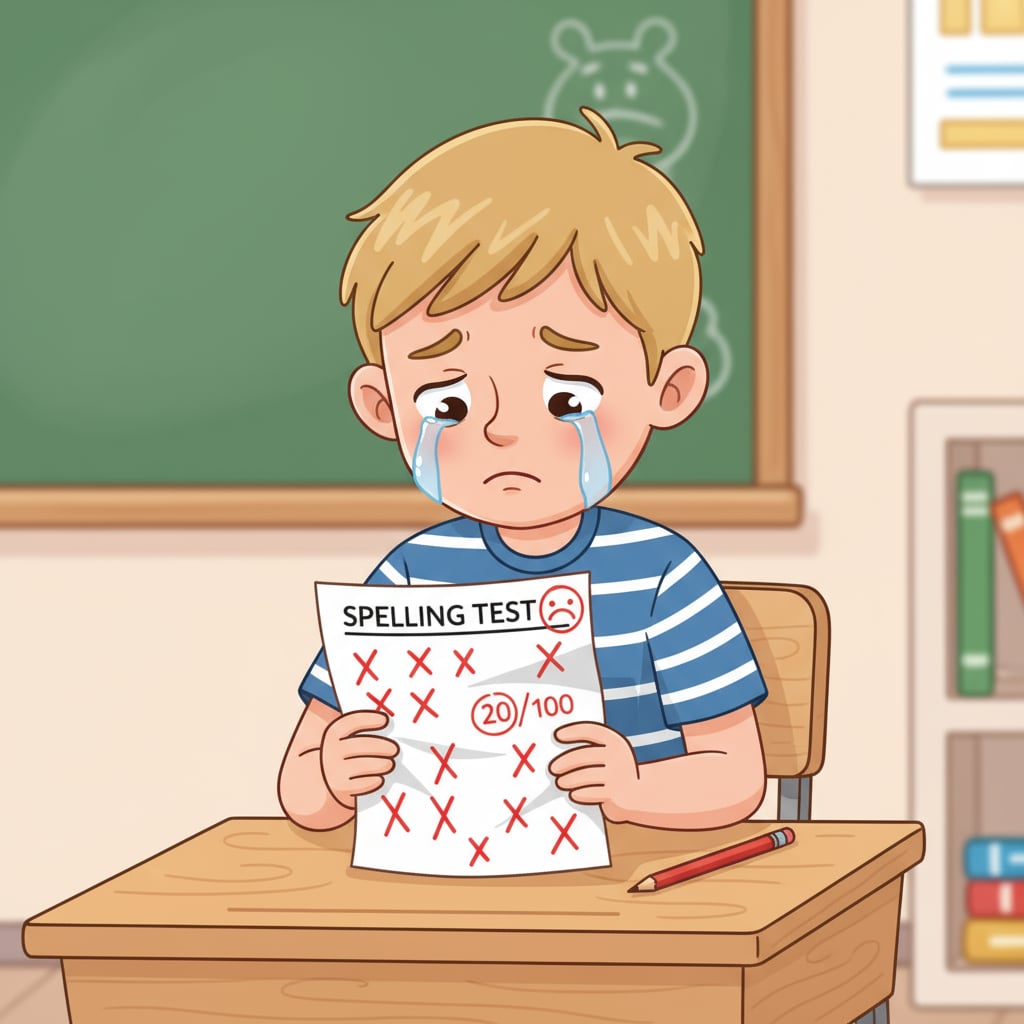 A young child is sitting at a desk, looking sad while holding a spelling test paper with many red marks. A child struggling with spelling due to ADHD
