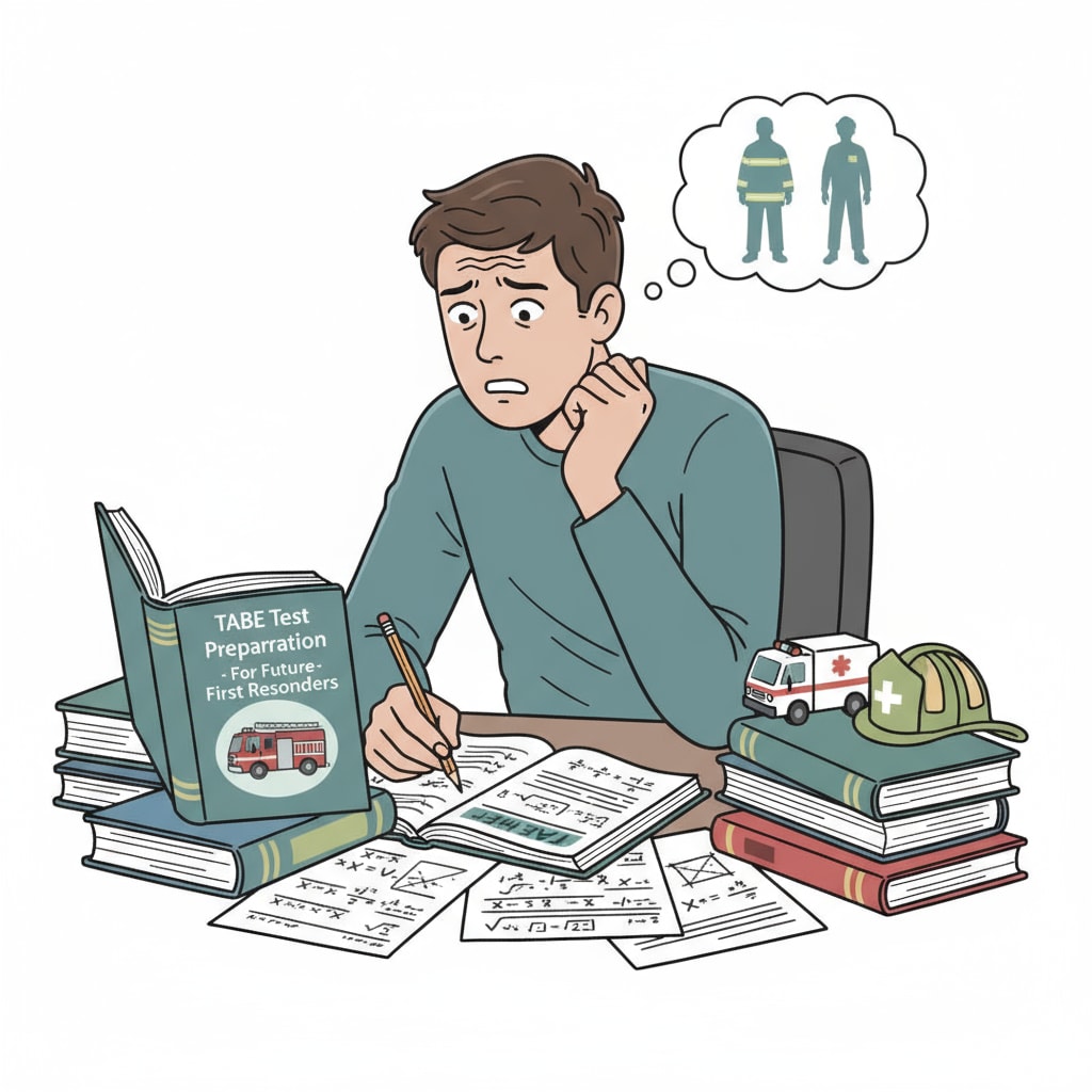 A young person is looking worried as they study math materials related to the TABE exam, which is an important part of their path to becoming a firefighter and going through EMT training. A worried young person studying TABE exam math materials for firefighter and EMT training