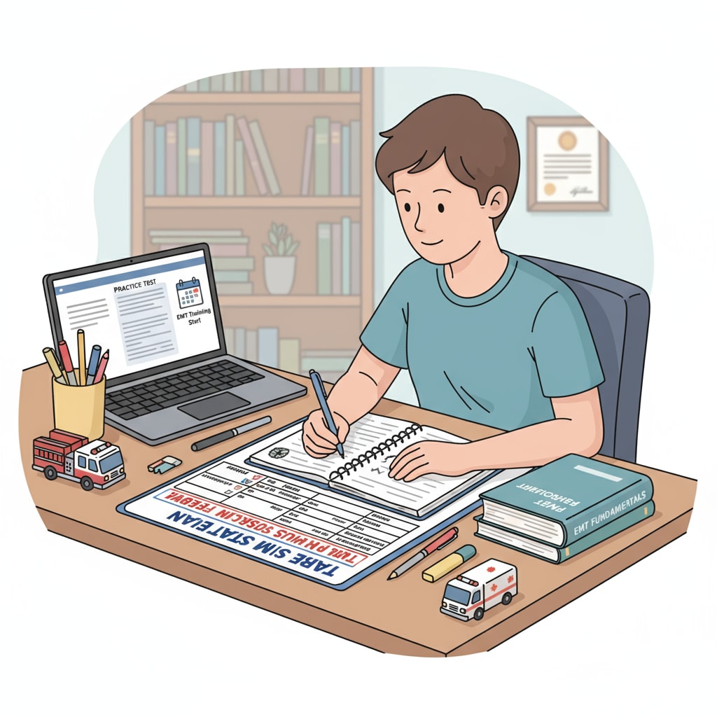 A person is carefully following a study schedule laid out in front of them while preparing for the TABE exam, which is crucial for their EMT training and future firefighter career. A person following a study schedule for TABE exam preparation for EMT training and firefighter career