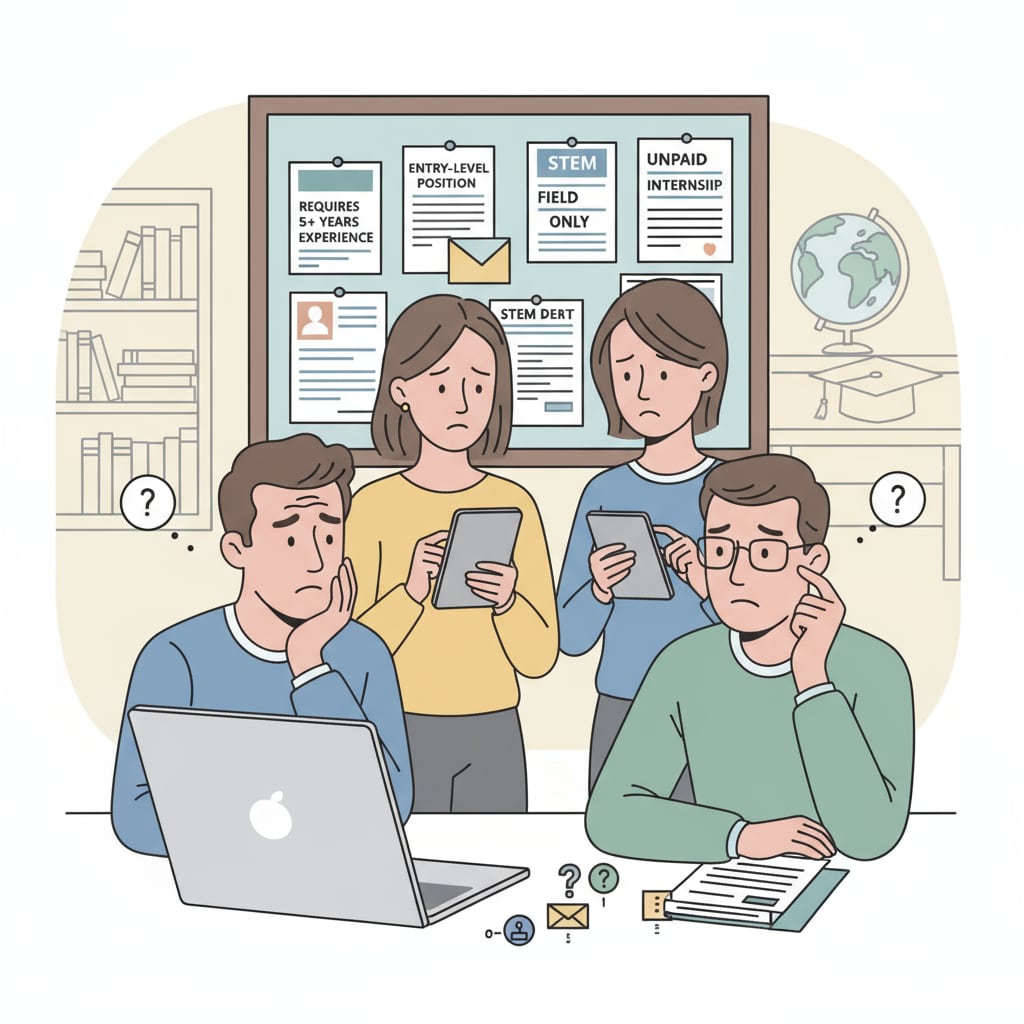 A group of liberal arts graduates are looking at job listings with thoughtful expressions, indicating their concerns about employment. Liberal arts graduates facing employment dilemmas