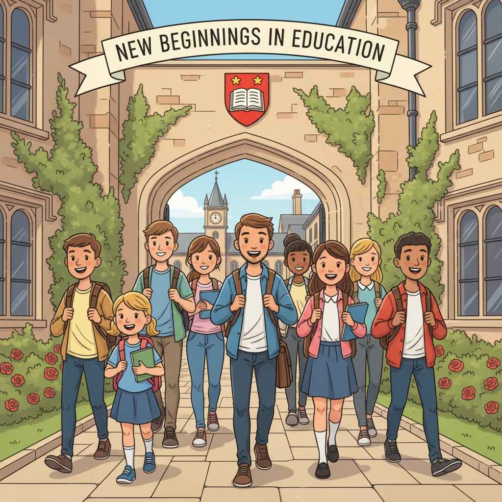 A group of students of different ages walking into a UK educational institution, looking positive and determined to start their learning journey. Students reentering the UK education system after dropping out