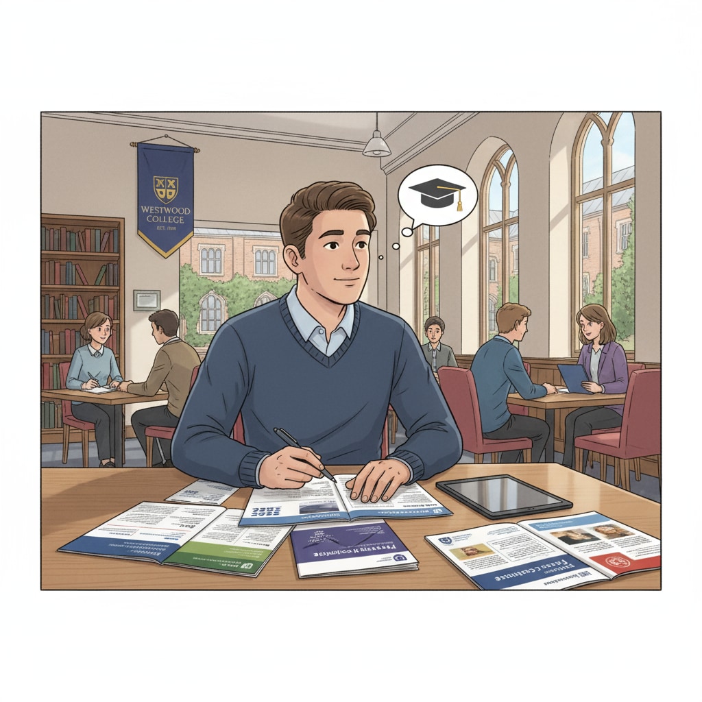 A student sitting at a table, looking through different course brochures in a UK college, trying to find the right course to restart their education. Student exploring entry routes in the UK education system after dropping out