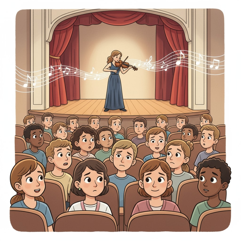 Students listening to a violin performance in a school auditorium, experiencing the emotional resonance that can be mistaken for human cries.