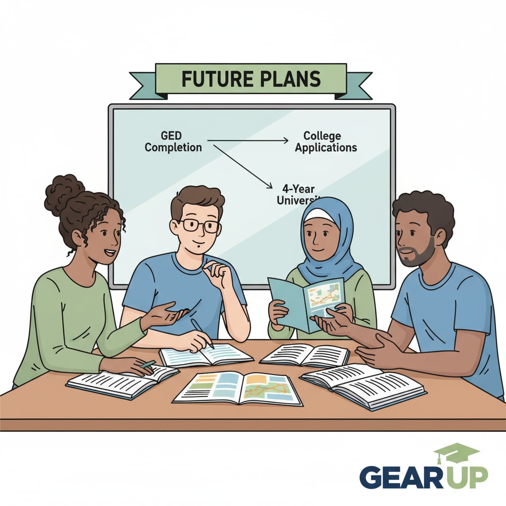 A group of young people sitting around a table, passionately discussing their plans to attend a four-year college after getting their GED. They are looking at college brochures and sharing ideas. GED holders discussing their college dreams