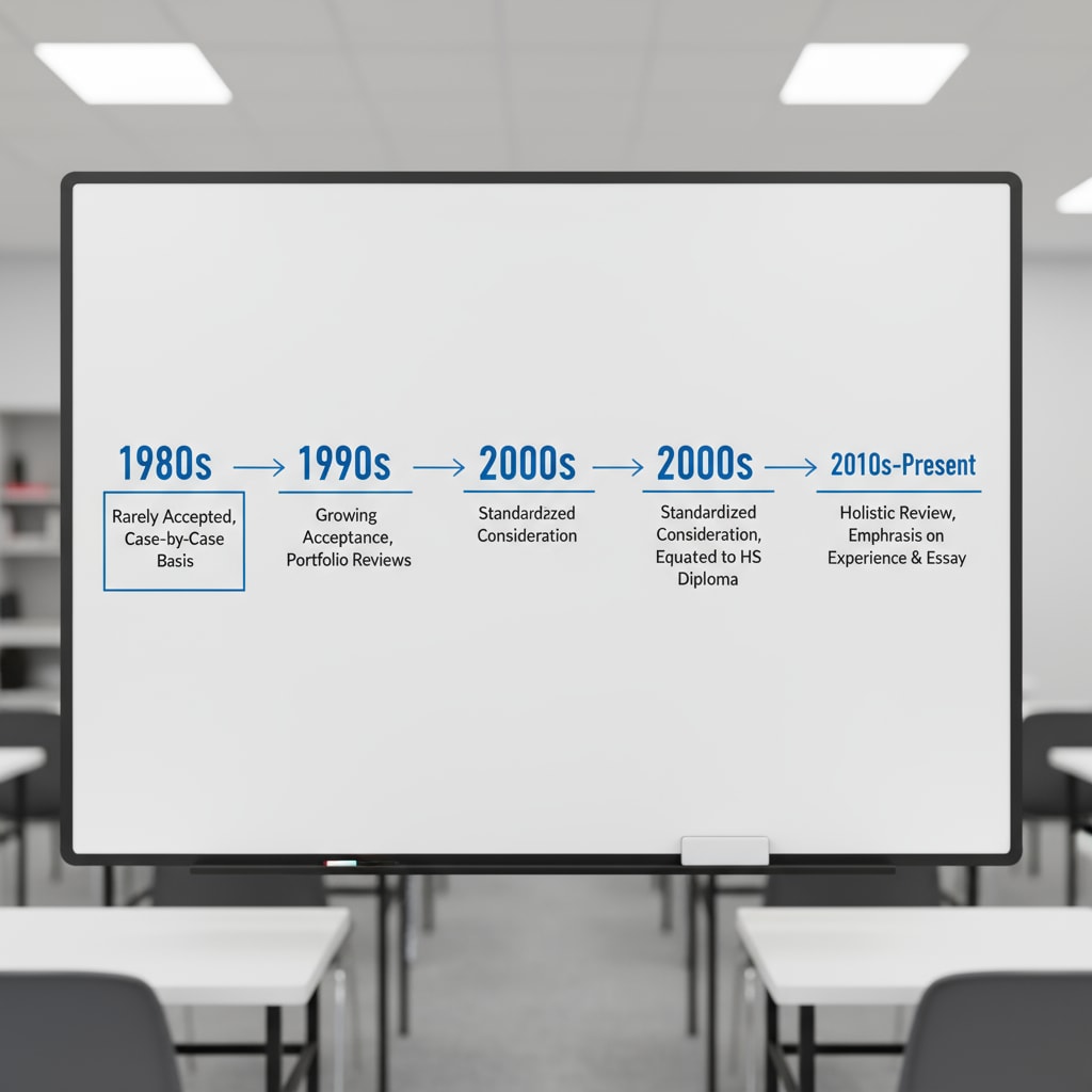 A visual timeline on a whiteboard, showing the years and the corresponding changes in college admissions policies towards GED holders, with arrows indicating the progression. Timeline of changes in college admissions policies for GED holders