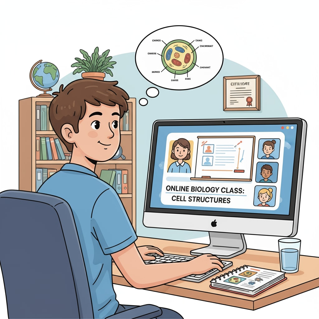 A student sitting in front of a computer, participating in an online high school class. Student taking an online high school class in relation to high school diploma, GED, and educational choices