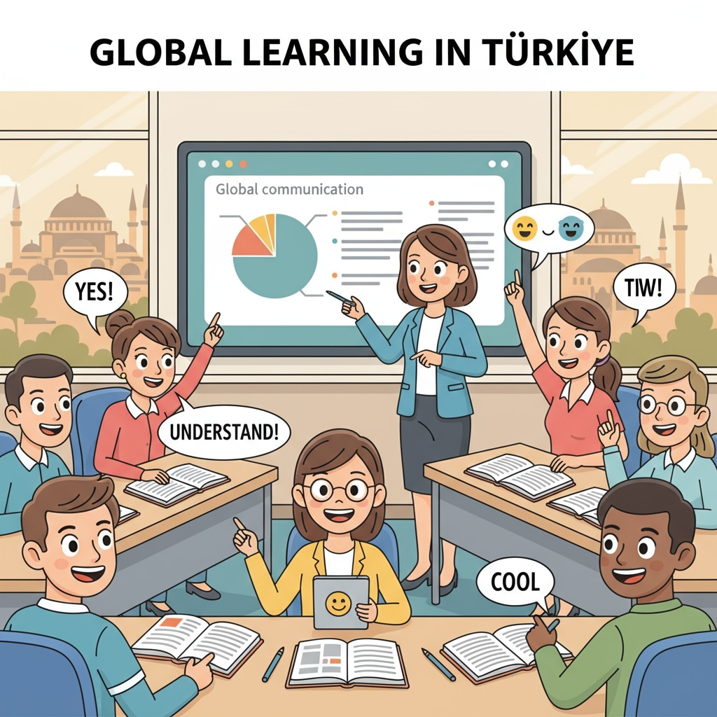 A group of international students are attending an English-taught class in a Turkish university, showing enthusiasm and engagement. International students in an English-taught class in a Turkish university