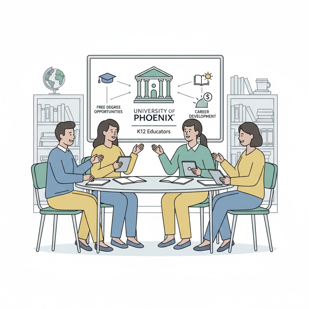 A group of K12 teachers are engaged in a discussion, with a visual representation of the University of Phoenix in the background, symbolizing their exploration of the free degree opportunities for career development. K12 teachers considering University of Phoenix free degree for career development