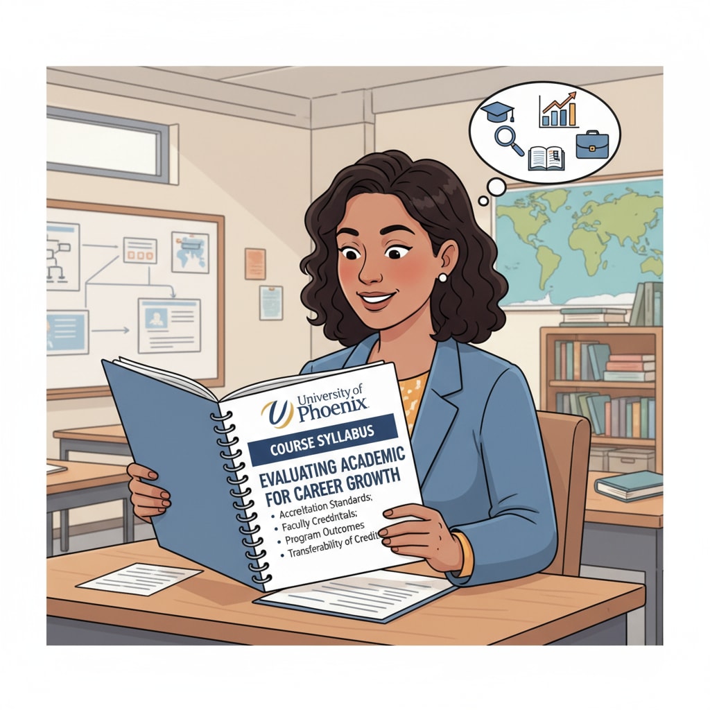 A K12 teacher is attentively reading the course syllabus of the University of Phoenix, highlighting the importance of evaluating the academic quality of the free degree for career growth. K12 teacher evaluating University of Phoenix free degree syllabus for career development