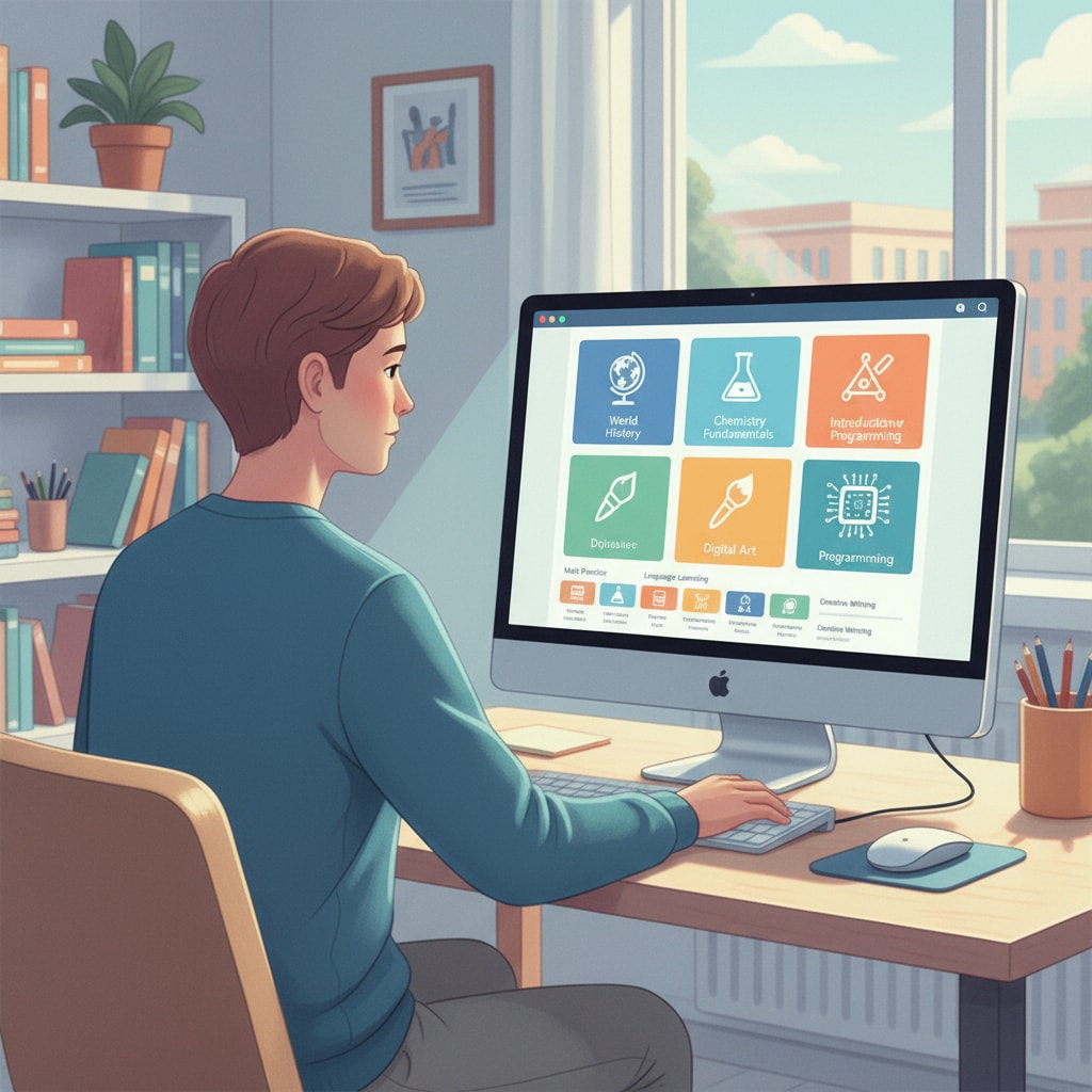 A person sitting at a desk, looking at a computer screen with education-related content. The screen shows various courses and learning materials. A person engaged in online learning for education completion, high school diploma, career security.