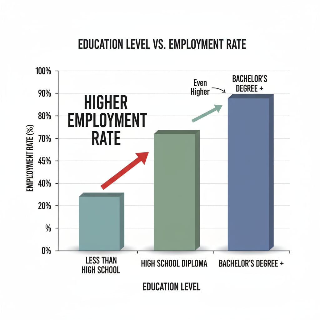 A graph showing the relationship between education level and employment rate. The graph clearly indicates that those with a high school diploma have a higher employment rate. Graph depicting the importance of high school diploma for career security in relation to education completion and online learning.