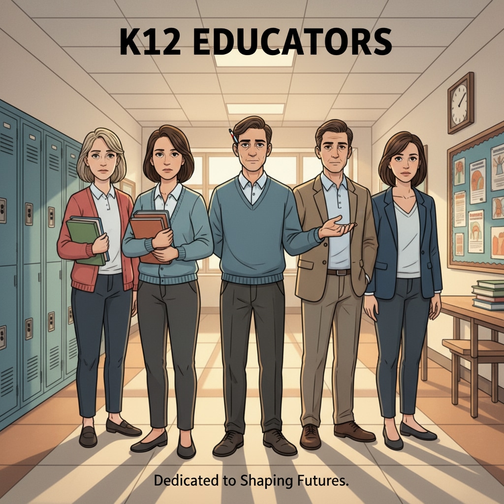 A group of K12 educators are seen in a school corridor. They look a bit tired but still have a determined look in their eyes, indicating their dedication despite the challenges. K12 educators showing determination in the face of professional challenges related to support and teaching enthusiasm