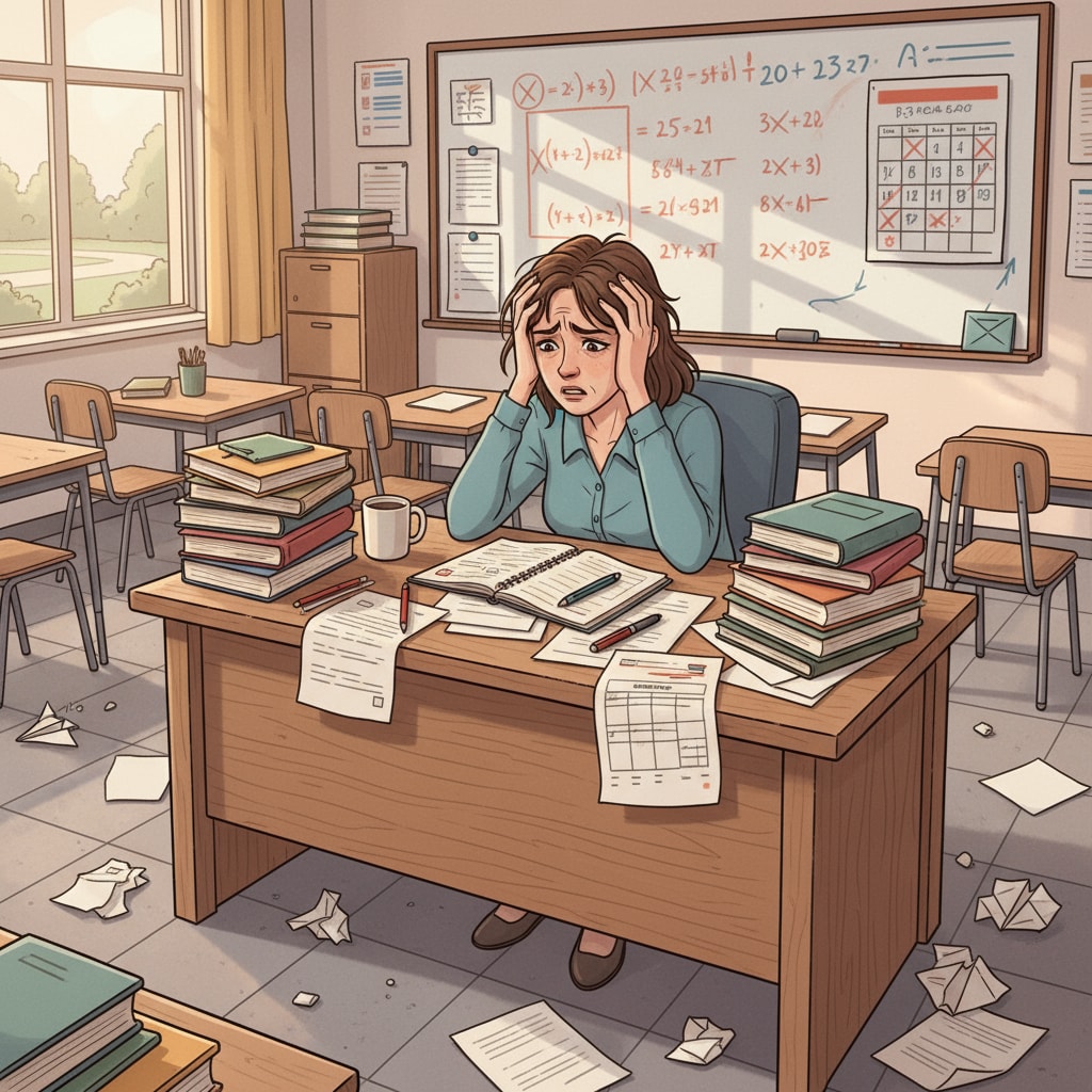 A teacher is sitting at a desk, surrounded by papers and books. The teacher has a stressed expression, with a furrowed brow and slumped shoulders, depicting the overwhelming nature of the job. A stressed teacher highlighting the mental health issues faced in relation to professional support and teaching enthusiasm