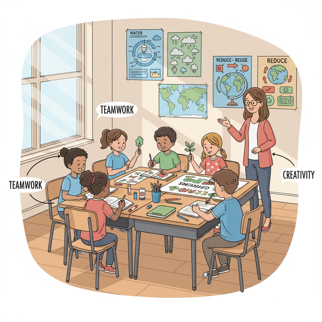 Students are working together on a project in a classroom. There are posters and materials related to the project on the desks. Students engaged in project-based learning as a homework alternative