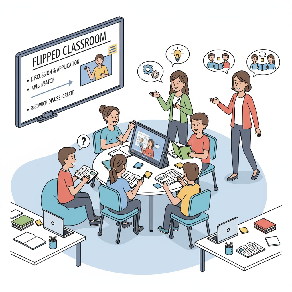 A classroom setup where students are participating in a flipped classroom activity, discussing concepts after watching pre-recorded lectures. Flipped classroom activity as a homework alternative
