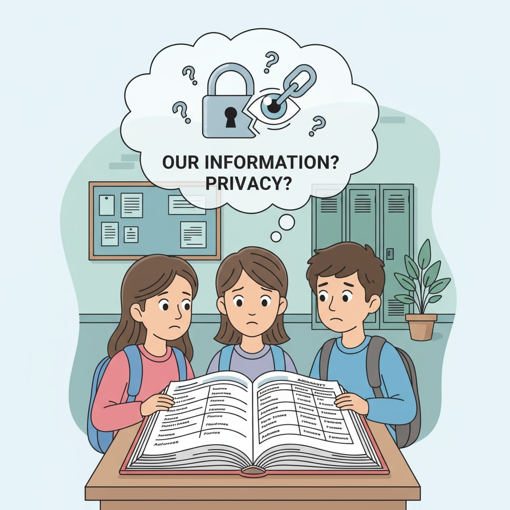 A group of students looking at a school directory, with a thought bubble showing a concern about privacy Students viewing school directory with privacy concerns