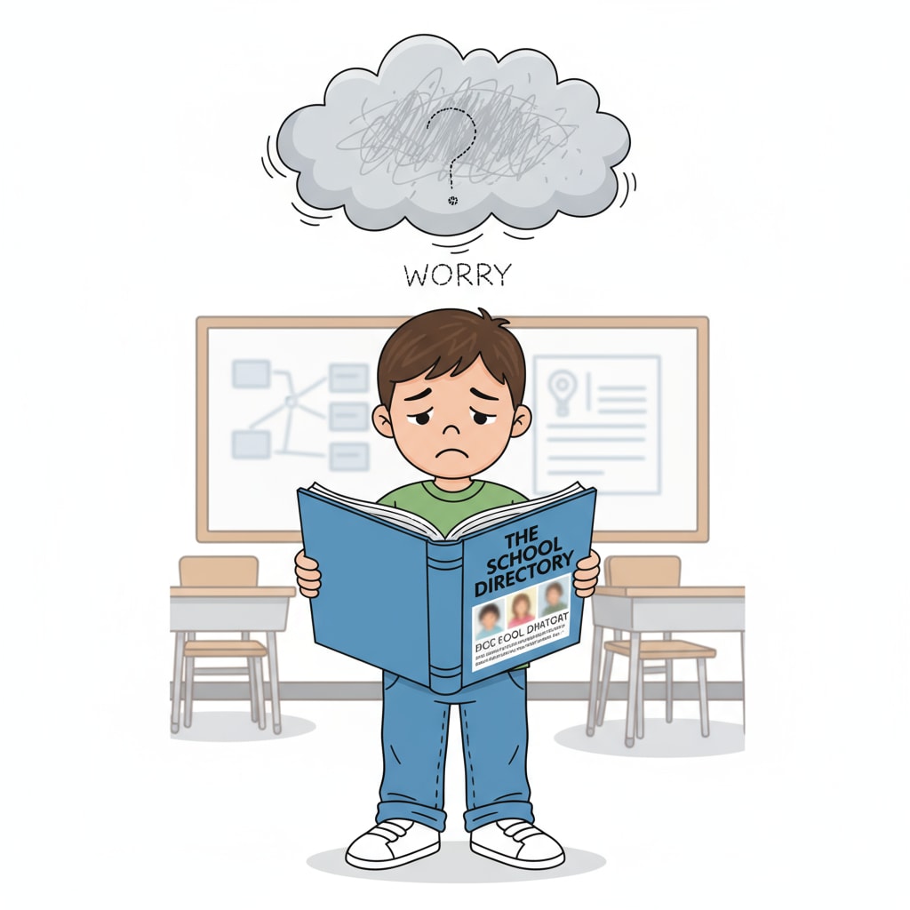 A child looking sad, holding a school directory, with a cloud of worry above their head Sad child with school directory worried about privacy