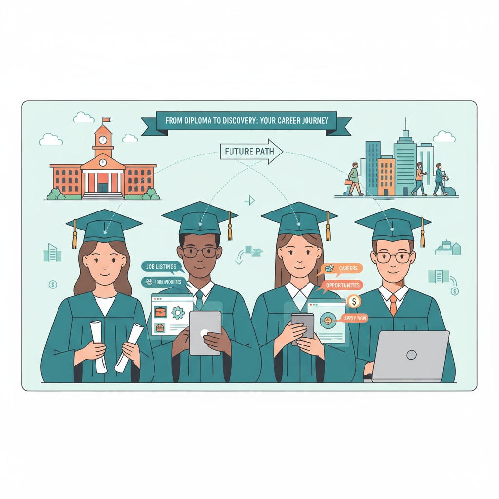 A group of graduates are gathered, looking at job listings on their devices, showing the connection between graduation and employment. Graduates exploring job opportunities related to university grades and employment