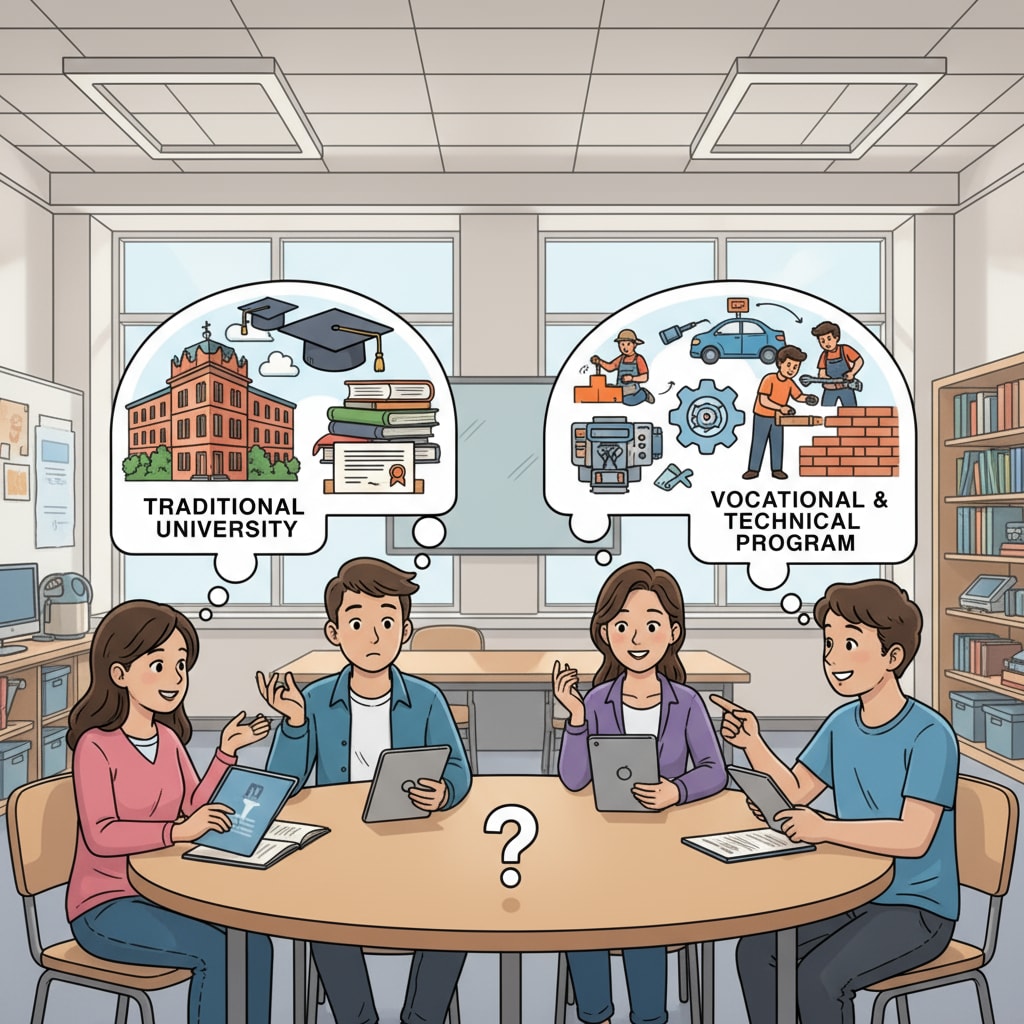 A group of students are sitting around a table, discussing their career options between going to a traditional university for higher education and enrolling in a vocational and technical program. Students discussing career choices related to higher education, return on investment, vocational and technical education, and employment prospects