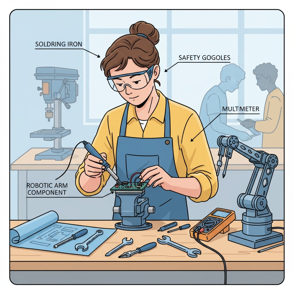 A young person is working on a project in a vocational workshop, using various tools and equipment to develop practical skills. A student practicing vocational skills relevant to higher education, return on investment, vocational and technical education, and employment prospects