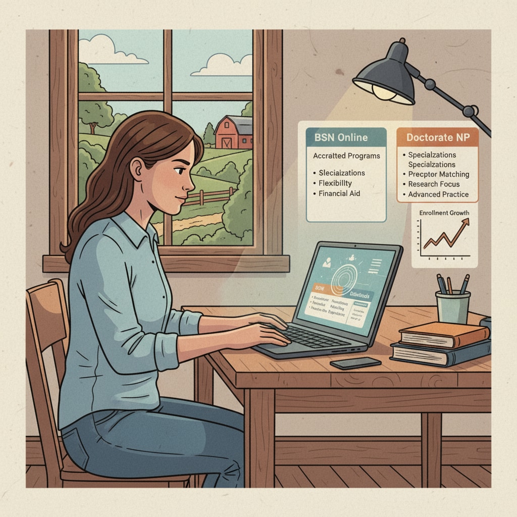 A rural student sitting at a table, looking intently at a laptop screen displaying various online nursing degree program details. Rural student exploring online nursing programs without SAT/ACT requirements
